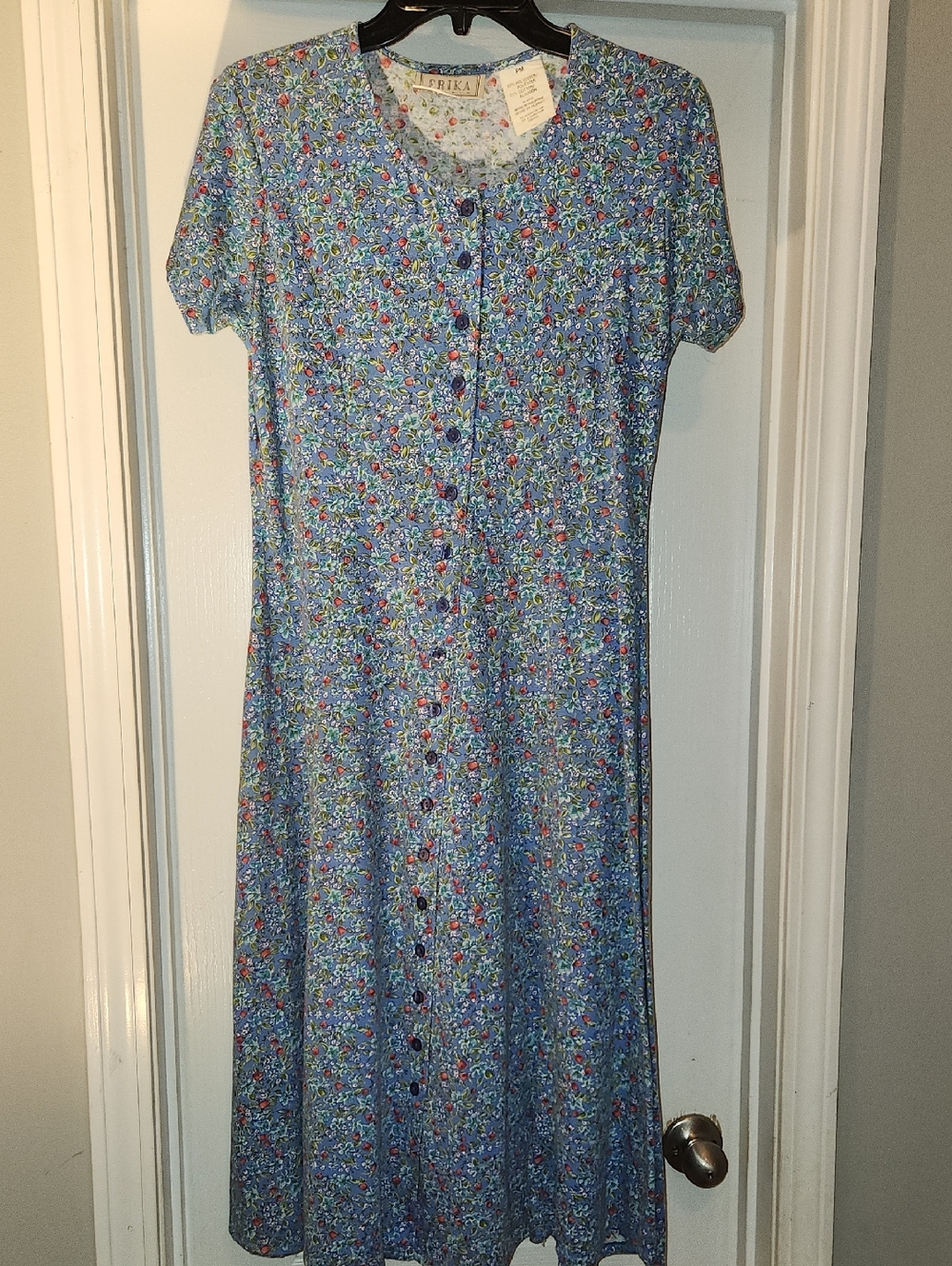 VTG 90s Erika Studio Petite Medium Dusty Blue Floral Midi Tea Dress Cottagecore